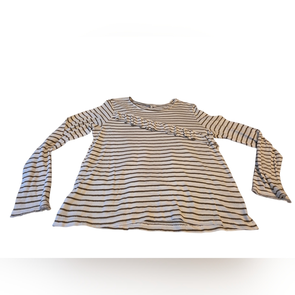 Lucky Brand Striped Long Sleeve 100% Cotton Ruffle Front Blouse Size L EUC